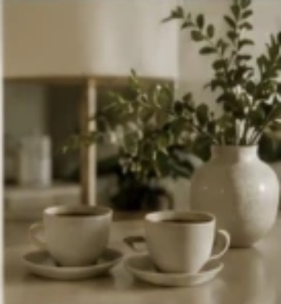 To kaffekopper på et bord med grønne grene